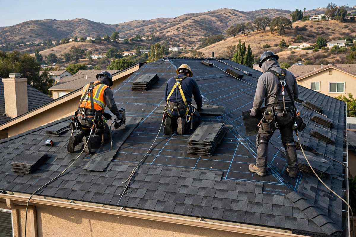 Roofing crew installing architectural shingles in Simi Valley