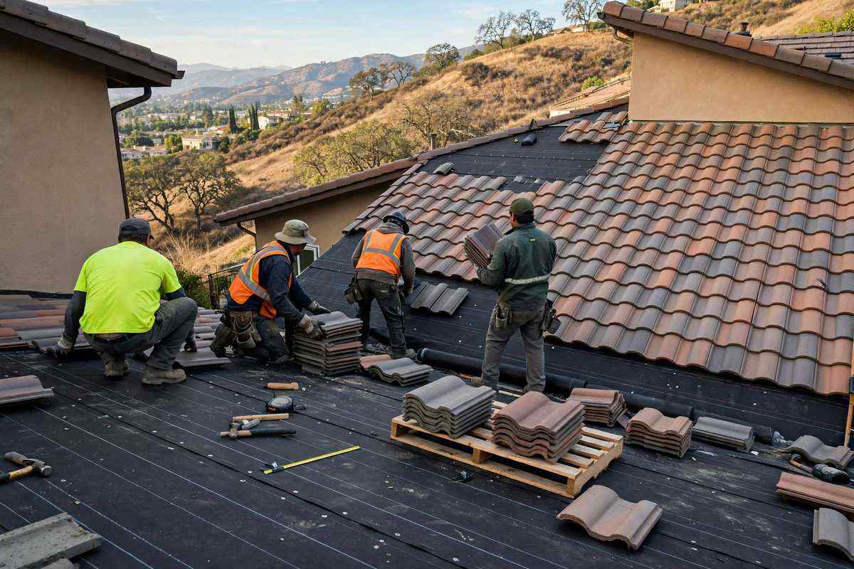 Crew relaying clay tile over new underlayment in Simi Valley