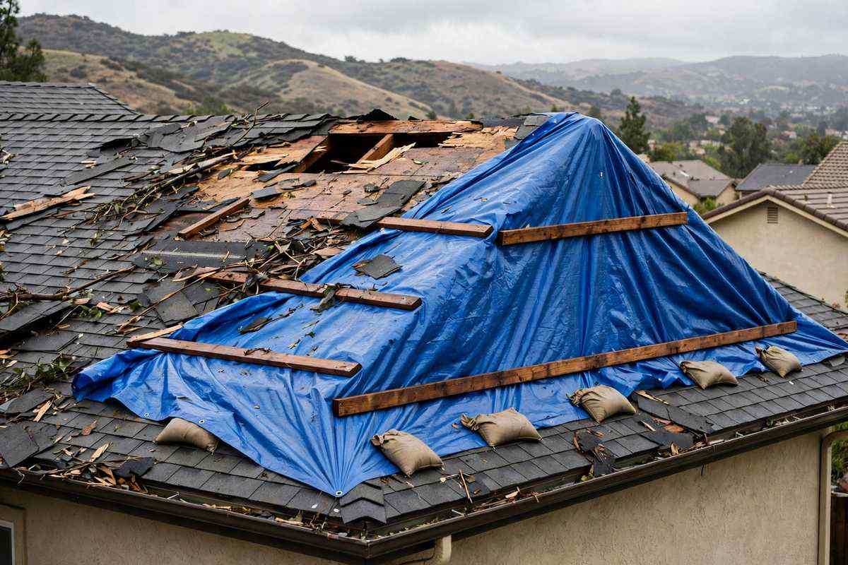 Blue tarp temporarily covering storm damage on a Simi Valley roof