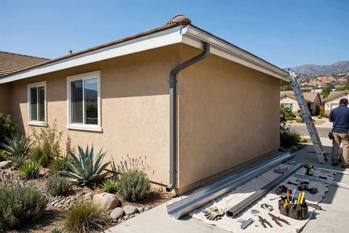 Seamless gutter being fitted along a Simi Valley roof edge