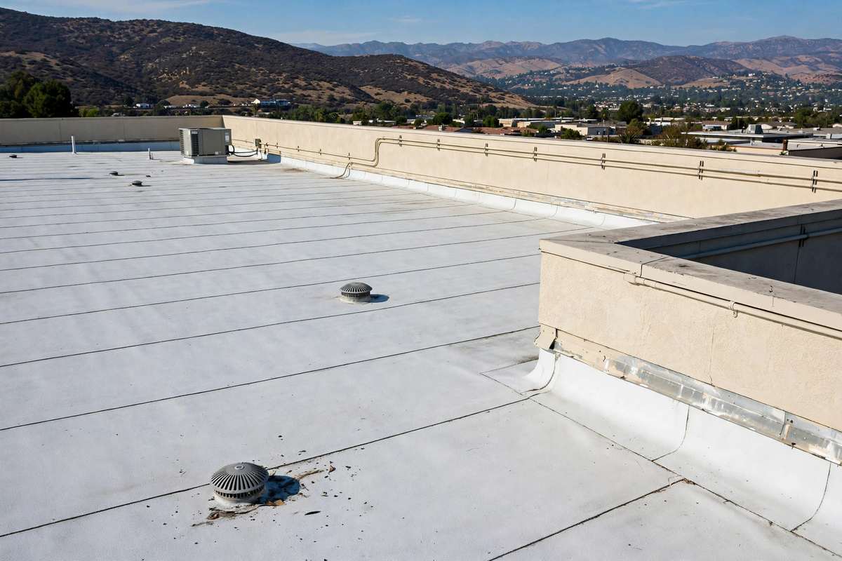 Flat commercial roof with drainage and parapet in Simi Valley