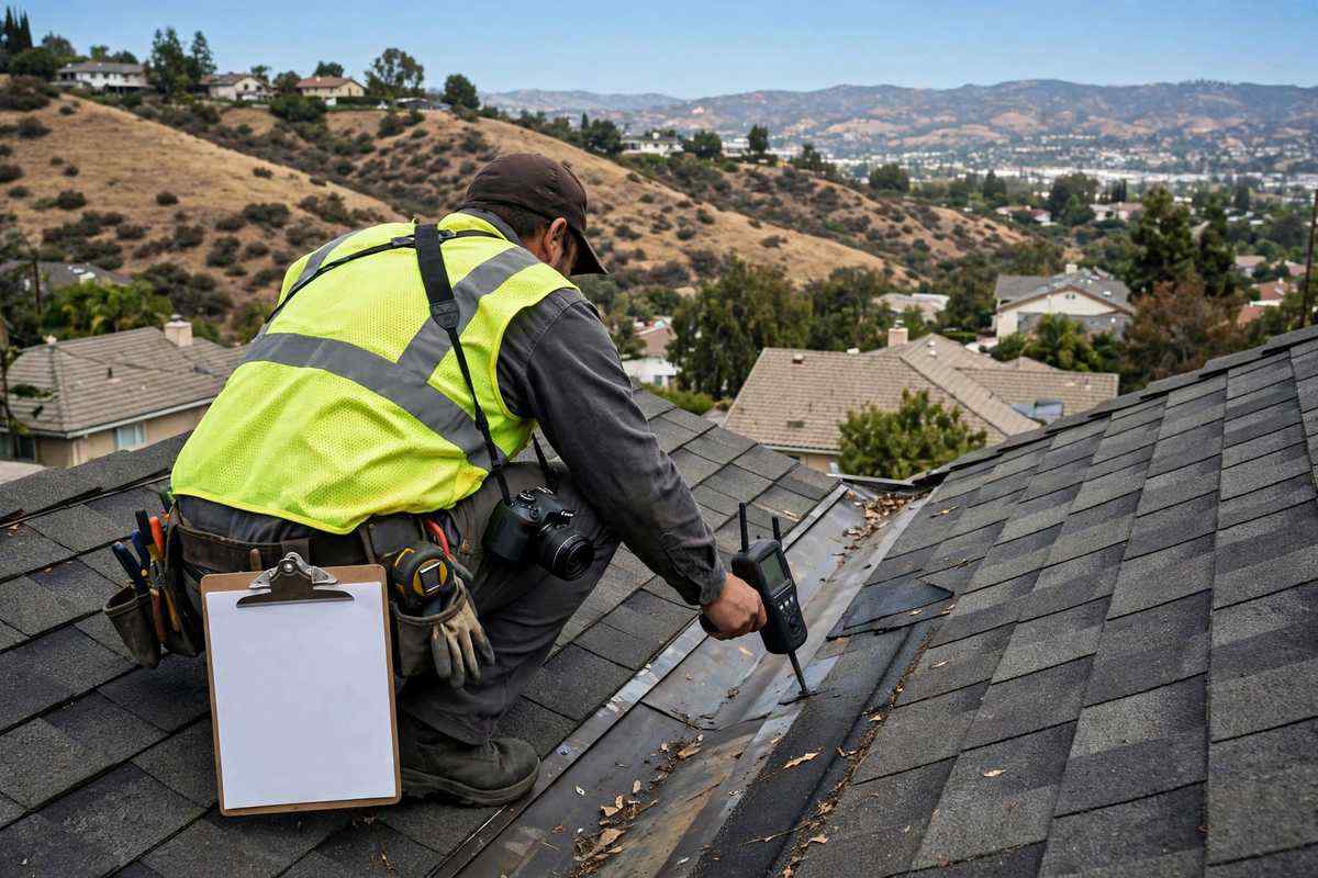 Roofer inspecting shingles and flashing on a Simi Valley roof