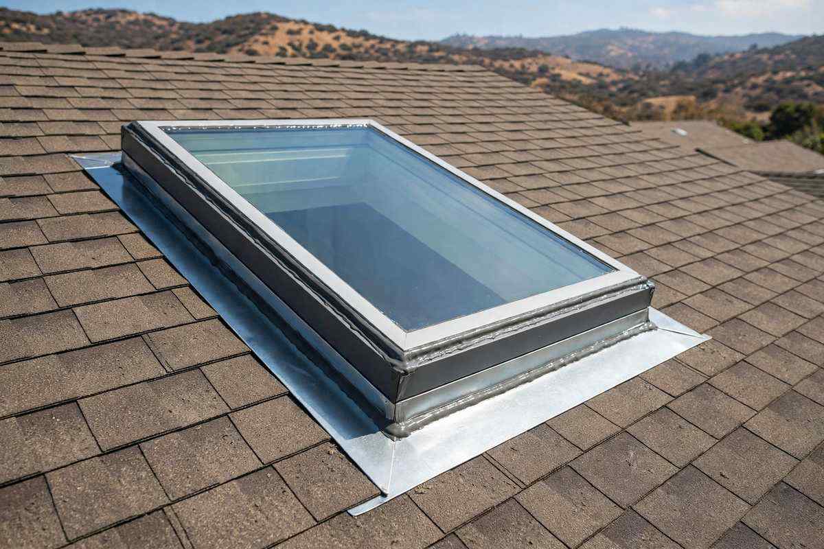Skylight flashing being sealed on a Simi Valley roof