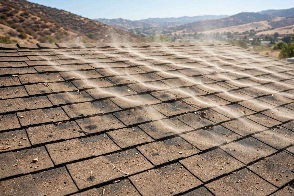 Sun-baked shingle roof in Simi Valley summer heat