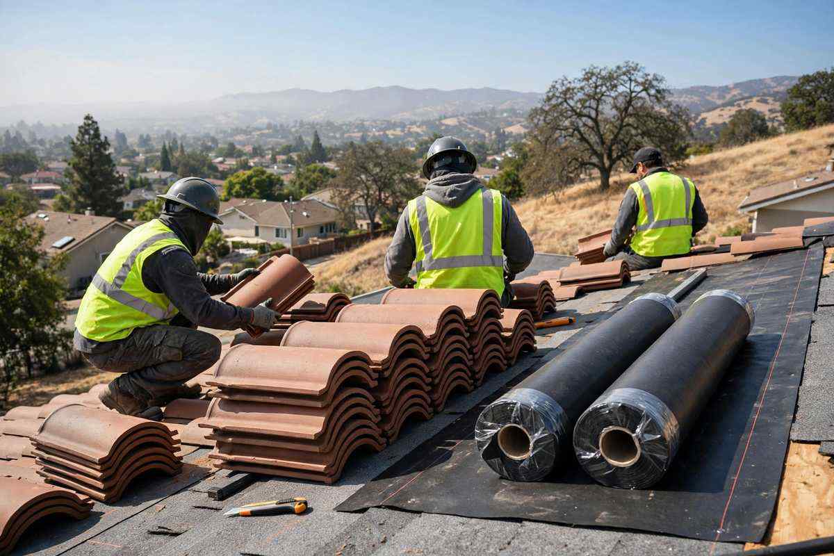 Tile lifted and stacked during an underlayment relay in Simi Valley