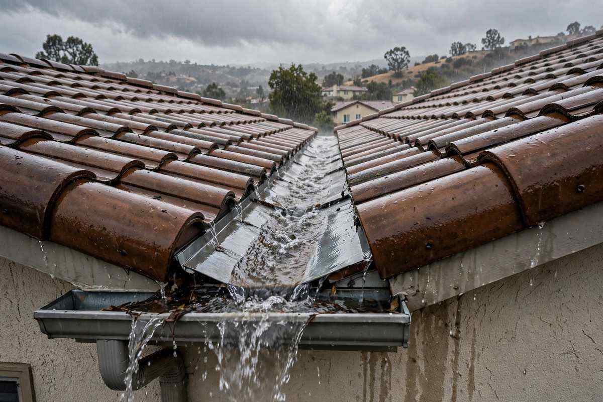 Rain over a Simi Valley valley roof during winter storms